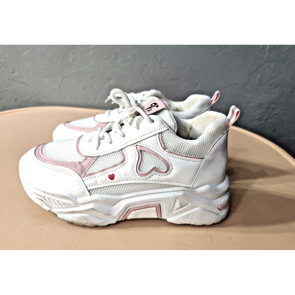 Shein Heart, Letter Girls Graphic Lace Up Front Wedge Sneakers White Pink Size 4